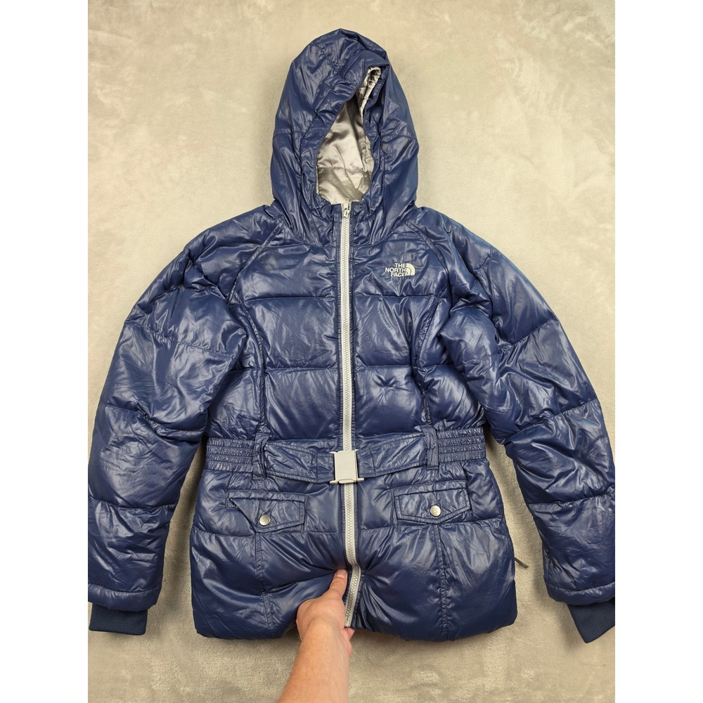 The North Face Puffer Jacket Girls L 14/16 Blue Belted Goose Down 550 Hooded